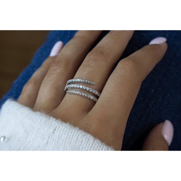 Silver Pave Diamond CZ Spiral Ring, Cubic Zirconia Statement Adjustable Ring - Picture 2 of 5
